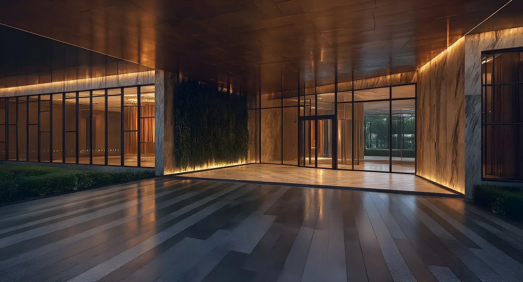 Warmly lit porte-cochere arrival