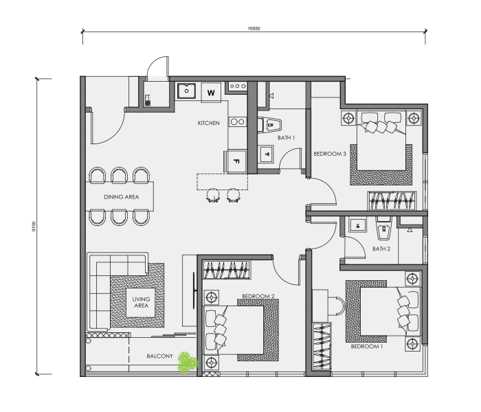 Example three-bedroom and three-bathroom floor plan