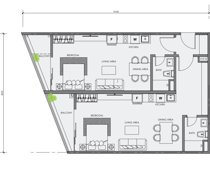 Example two-bedroom and two-bathroom floor plan