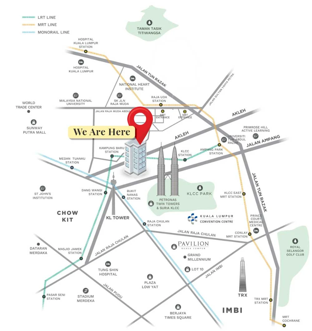 Location map showing surrounding rail lines and Kuala Lumpur landmarks