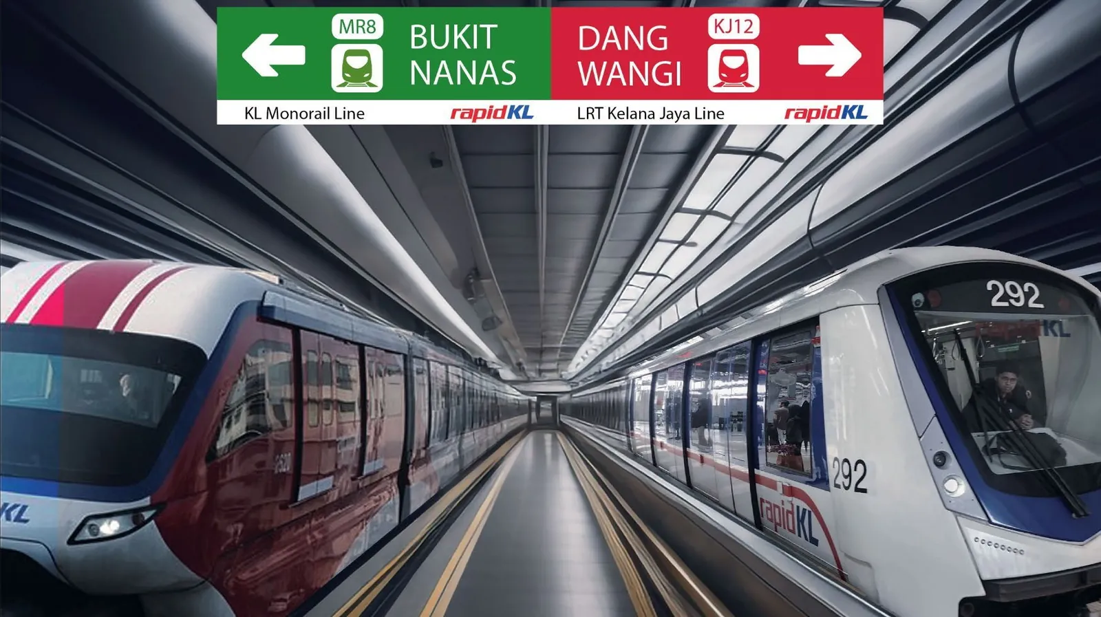 Kuala Lumpur rail network connecting Dang Wangi LRT and Bukit Nanas Monorail